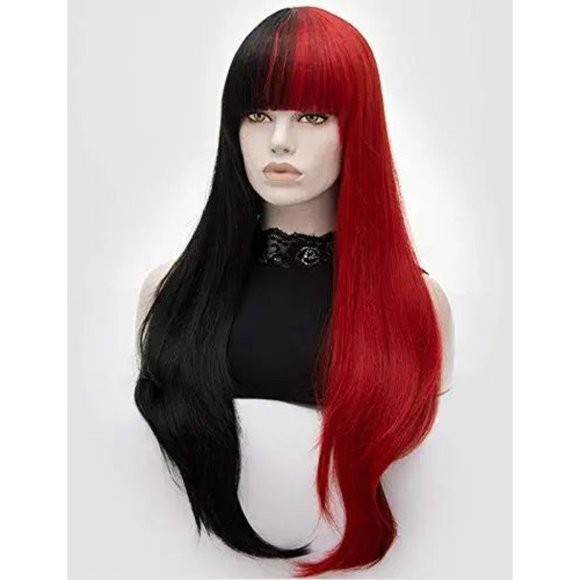Half Red Half Black Split Dye Hair Wig with Bangs - Picture 4 of 6